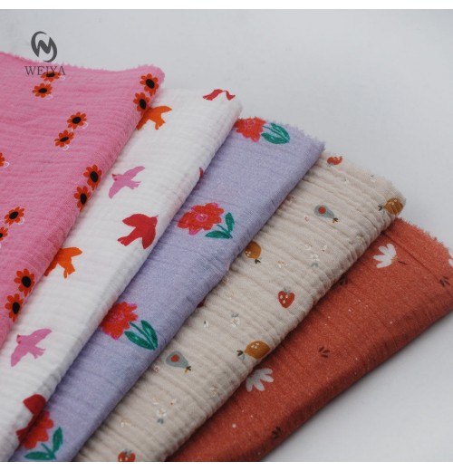 Cute Kids Wear Dress 120gsm Custom Double Gauze Crinkle 2 Layer 100 cotton Printed Muslin fabric For Baby Blanket